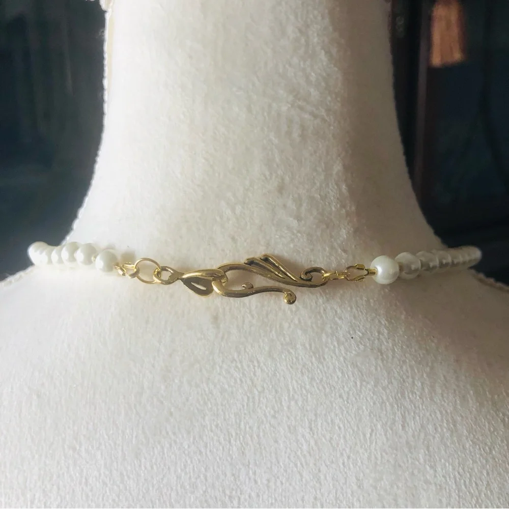 Handcrafted repurpose hammered gold floral pendant Czech glass Pearl necklace